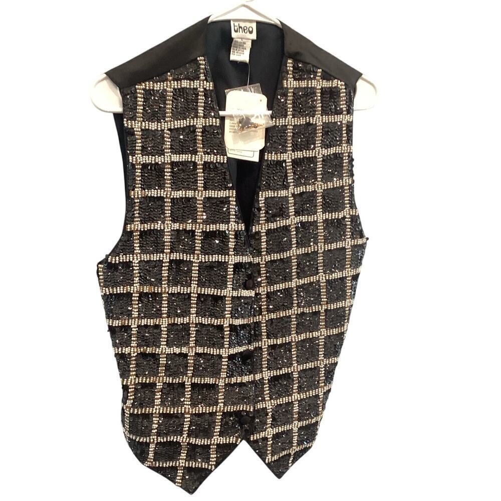 Vintage Theo Womens Sequin Vest Size Large Black White NEW Rodeo Festival Band